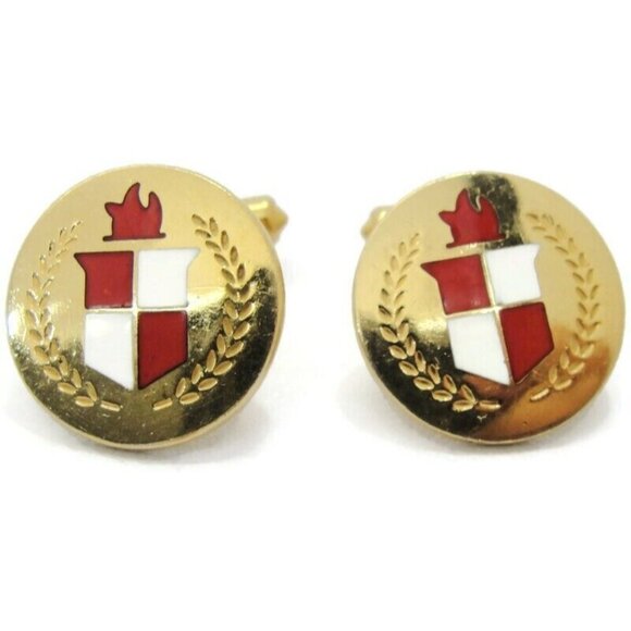 Red White Enamel Checkered Crest 1/20 12Kt Yellow Gold Filled Cufflinks Round - Picture 3 of 10